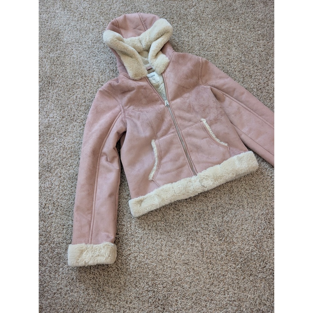 Hollister Faux Suede Shearling Hooded Jacket Pink Small Full Zip Fur Trim